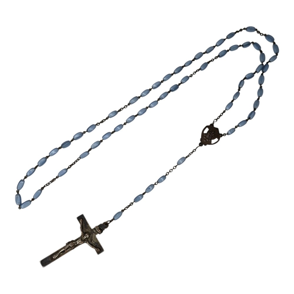 Vintage Catholic Rosary Light Blue Glass Beads Metal Crucifix Prayer Necklace - Picture 2 of 8